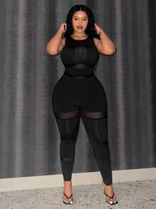Slaydiva Women's Sexy Mesh Contrast Jumpsuit For Autumn - Black - View 5