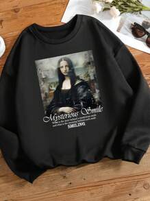SHEIN EZwear 女式大尺碼人物與字母圖案落肩運動衫 - 黑色 - 查看 3