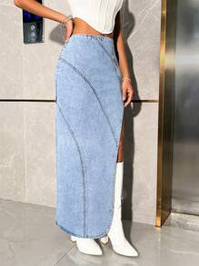 SHEIN BAE Asymmetrical High Slit Denim Skirt