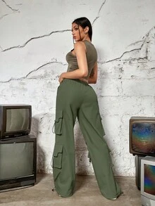 松紧腰口袋宽松阔腿直筒工装裤 - 軍綠色 - 查看 2