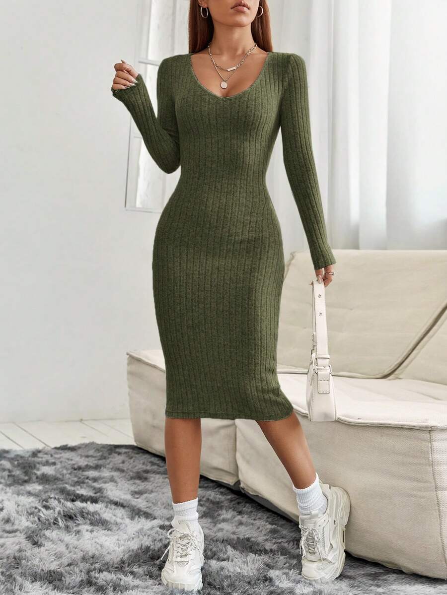 SHEIN PETITE 女士肋紋長袖貼身連衣裙 - 軍綠色 - 查看 1