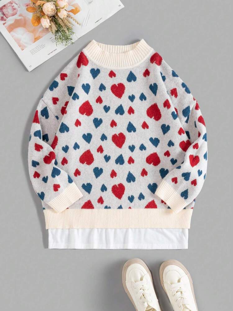 Women's Plus Size Heart Pattern Round Neck Drop Shoulder Sweater/Valentine's Day