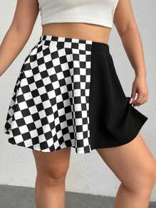 SHEIN EZwear Women's Plus Size Plaid Patchwork Skirt - Black and White - View 5