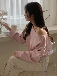 DAZY 女士纯色不对称肩部T恤长袖女式上衣露肩上衣