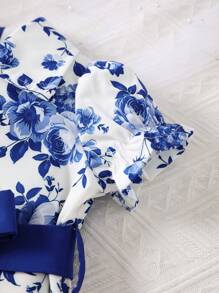 Baby Girl Color Block Floral Print Belted Shirt Dress - Royal Blue - View 3