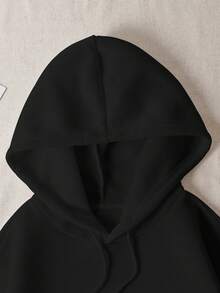 SHEIN EZwear 女款标语印花保暖内衬连帽衫 - 黑色 - 查看 4