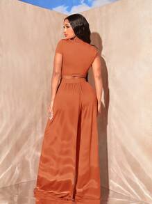 SHEIN SXY Ngắn tay Quần skinny Áo thun Và Quần ống rộng Bộ - Rỉ Nâu - Xem 2