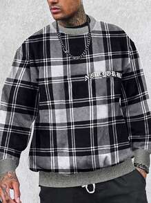 Manfinity Homme 寬鬆男款格紋和字母印花圓領運動衫 - 黑與白 - 查看 1