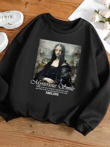 SHEIN EZwear 女式大尺碼人物與字母圖案落肩運動衫 - 黑色 - 查看 4