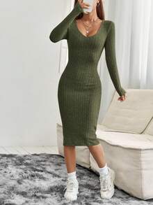 SHEIN PETITE 女士肋紋長袖貼身連衣裙 - 軍綠色 - 查看 6