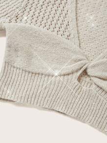 SHEIN ICON 女款純色針織麻花鏤空喇叭袖短版毛衣 - 杏色 - 查看 10