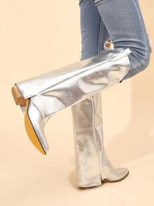 時尚粗跟及膝女性靴子 - 銀色 - 查看 4