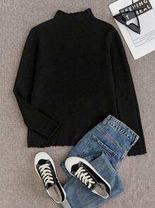 Franclia 女式高领荷叶边保暖内衬打底上衣，修身长袖套头衫，适合秋冬季