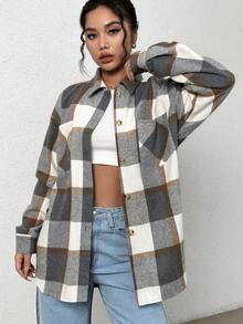 SHEIN Unity 女士格紋襯衫領羊毛外套 - 淺灰色 - 查看 4