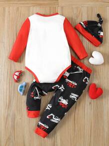 Baby Boy Cartoon And Text Print Bodysuit And Pants Set - Black and White - View 2
