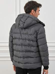 RueChic Men's Hooded Padded Jacket With Embroidery Detail And Drawstring - Grey - View 2