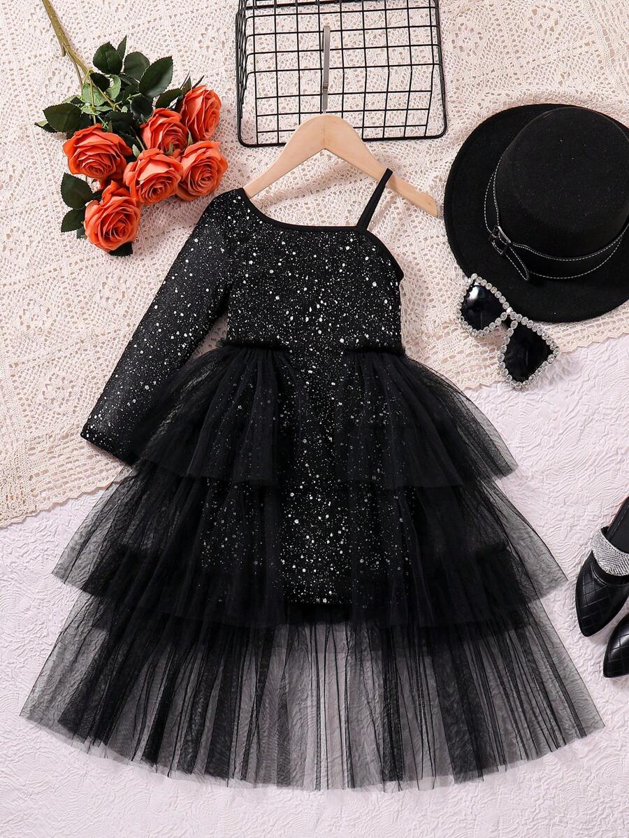 SHEIN Glamorique Kids Vestido Estilo Princesa para Menina Jovem, Elegante, com Tecido de Tule Brilhante e Contrastante, Ideal para Férias, Verão e Viagens - Preto - Visão 1