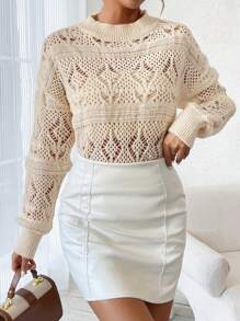 SHEIN Clasi Suéter de punto con hombros caídos y calado para mujer, para otoño e invierno - Albaricoque - Ver 3