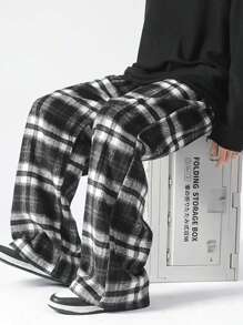 Chillumni Loose Fit Men's Plaid Long Trousers - Black - View 1