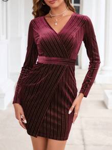 SHEIN Clasi Surplice Neck Wrap Hem Velvet Bodycon Dress Christmas - Burgundy - View 6