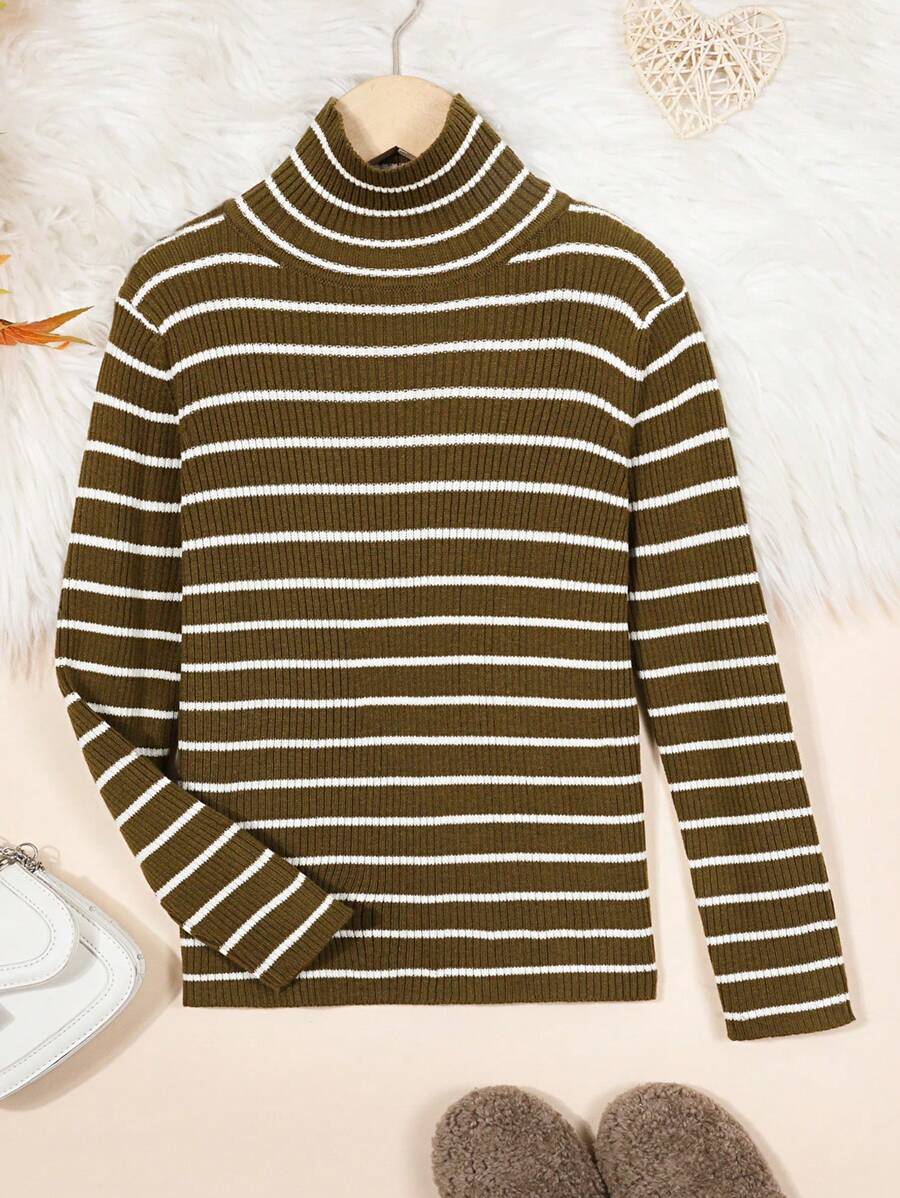 SHEIN Tween Girls Striped Pattern High Neck Knitted Sweater - Olive Green - View 1