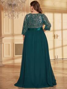 UNITHORSE 大码女式亮片拼接雪纺派对连衣裙 - 墨綠色 - 查看 3