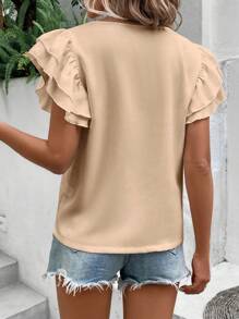 SHEIN LUNE 純色荷葉邊短袖襯衫 - 杏色 - 查看 2