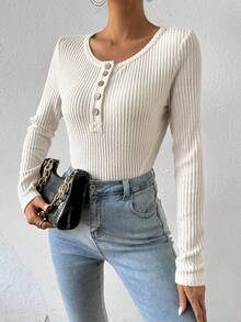 SHEIN Frenchy Solid Color Long Sleeve T-shirt - Apricot - View 3