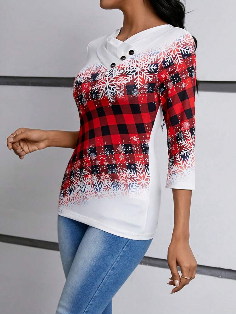 EMERY ROSE Camiseta gráfica de mujer con estampado de copos de nieve y cuadros - Rojo - Ver 5