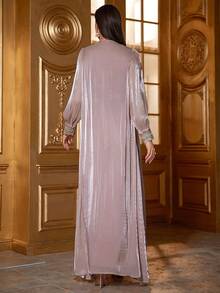 Elegant Embroidered Long Sleeve Modest Dress, Spring/Summer Kaftan Arabian Dress - Dusty Pink - View 2