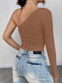 SHEIN Unity Women's One Shoulder Pleated Cropped Top, Going Out Top - Coffee Brown - View 2