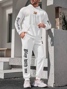 Manfinity Homme Men's Letter Print Drop Shoulder Drawstring Hoodie And Sweatpants Set - White - View 6