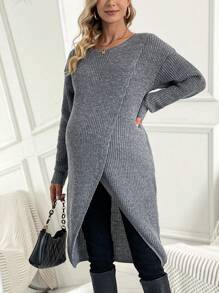 SHEIN Áo len quấn dệt kim màu trơn cho bà bầu, mùa đông - Xám - Xem 2