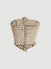 SHEIN MOD 女士純色無肩帶牛仔上衣 - 卡其色 - 查看 2