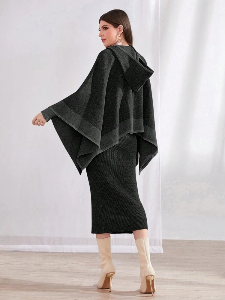 Two Piece Color Block Cape Cardigan And Sweater Skirt Set