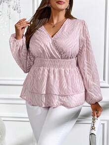 SHEIN Clasi Kích thước lớn Cổ chữ V Eo Kẹp chặt Tay áo lồng đèn Áo sơ mi - Hồng - Xem 3