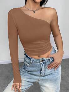SHEIN Unity Women's One Shoulder Pleated Cropped Top, Going Out Top - Coffee Brown - View 4