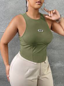 SHEIN SXY Plus Size Women's Solid Color Ribbed Tank Top With Patch Detail