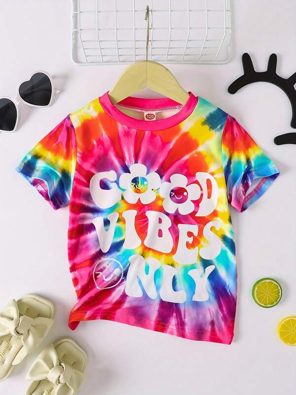 1pc Young Girl Casual Style Letter & Numeric Print Short Sleeve Lightweight Knit T-Shirt, Summer