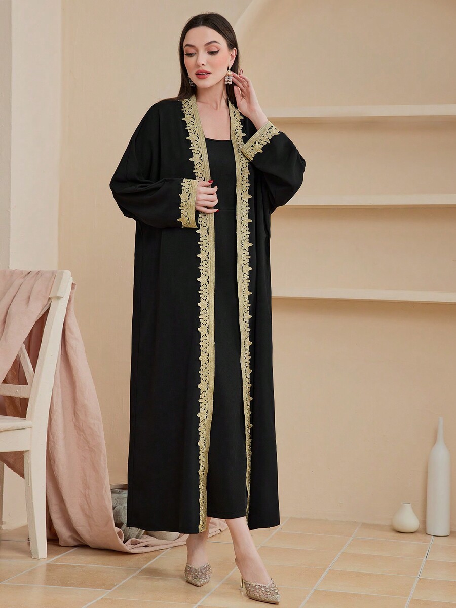 SHEIN Najma Women's Embroidered Open Front Robe, Muslim Fashion Abaya
