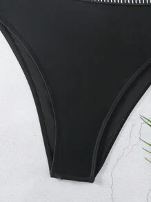 SHEIN Swim Ladies' Color Block Stitching One Shoulder Bikini Set Carnival Summer - Black - View 6