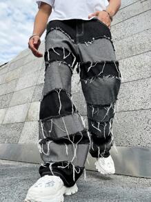 Manfinity EMRG Jeans de mezclilla para hombre con bordes deshilachados, holgados con bloques de color con lavado largo en color oscuro, estilo cargo para fiestas grunge, regalo para novio - Multicolor - Ver 4