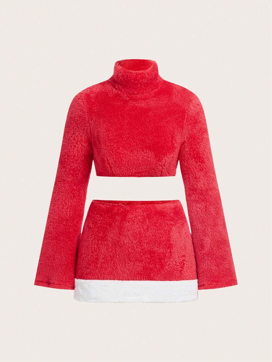 SHEIN ICON 泡芙袖泰迪上衣和拼接裙子套裝 - 紅色 - 查看 1