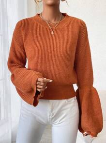 SHEIN LUNE Jersey De Mujer Con Mangas De Volantes Y De Color Sólido - Naranja - Ver 3