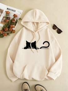 SHEIN LUNE Women's Cat Print Fleece Hoodie With Drawstring - Apricot - View 1