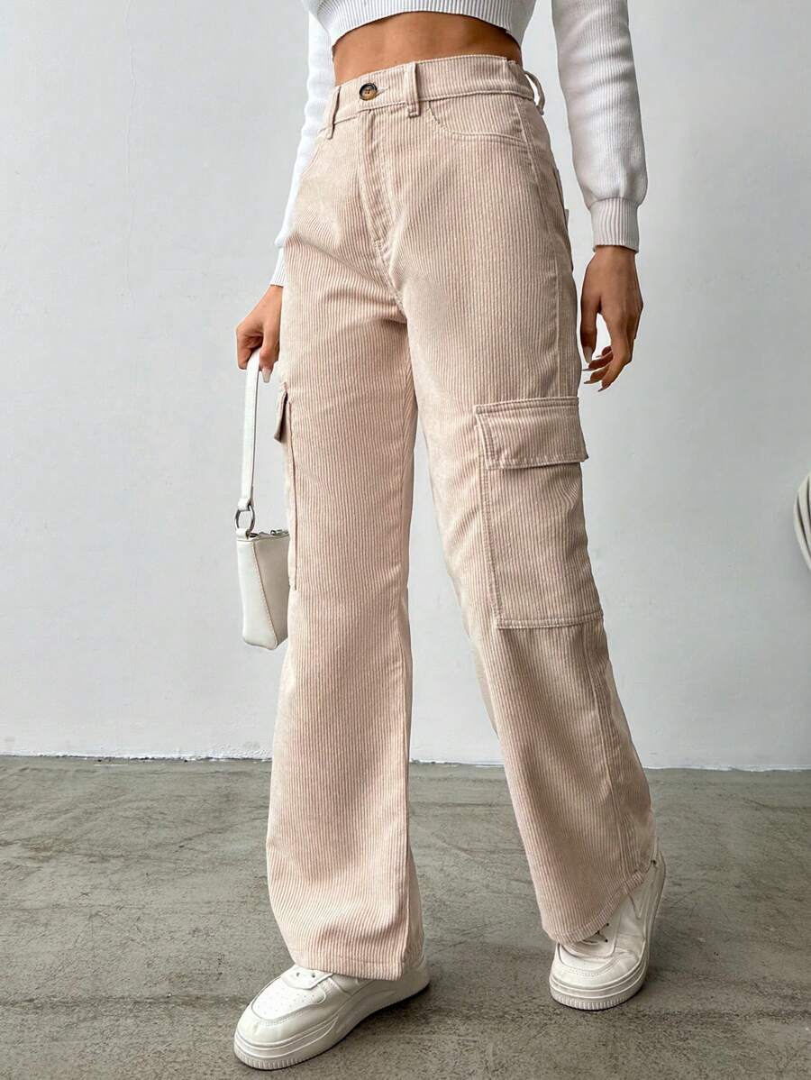 EURMUSE Women's Solid Color Flap Pocket Wide Leg Pants - Apricot - View 1