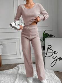 EURMUSE Ensemble Solide Tricot Côtelé Deux Pièces Pour Femmes - Rose pâle - Voir 1