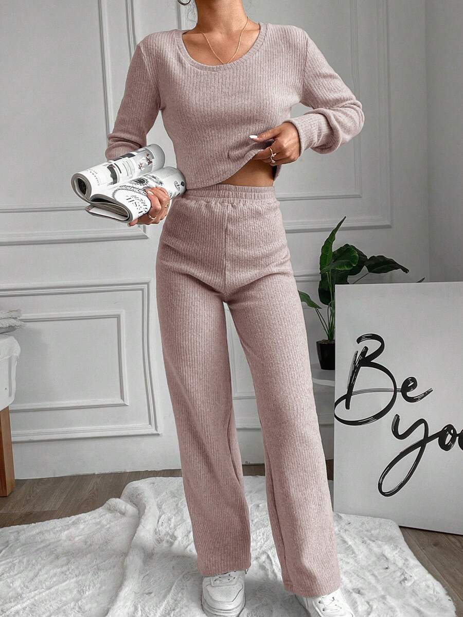 EURMUSE Ensemble Solide Tricot Côtelé Deux Pièces Pour Femmes - Rose pâle - Voir 1