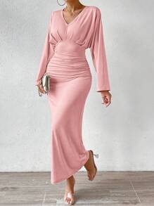 Chiquease V領蝙蝠袖褶皺洋裝 - 粉色 - 查看 1