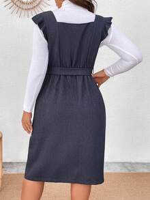 Calvaya Kích thước lớn Viền Ruffle Nút Lên Eo Thắt lưng Với Dây đeo vai Đầm - Nhiều màu - Xem 2